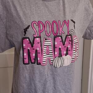 Spooky Mama Halloween Tshirt Gray W/Sassy Pink Writing And Pumpkins  M/L Womens